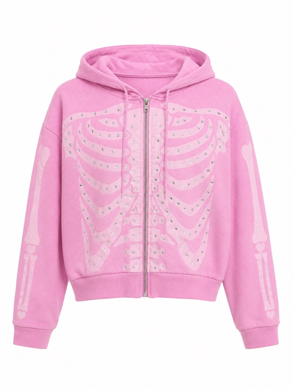 Hot Topic Pink Rhinestone Skeleton Zip-Up Hoodie Size Medium - Picture 2 of 7